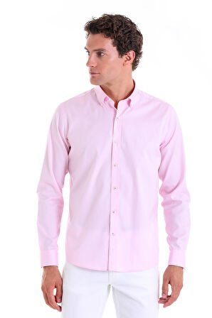 Pembe Comfort Fit Düz 100% Pamuk Düğmeli Yaka Uzun Kollu Oxford Gömlek