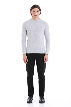 Gri Regular Fit Düz Bisiklet Yaka Yünlü Triko Kazak | 3XL