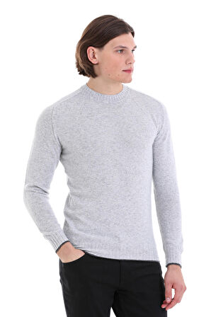 Gri Regular Fit Düz Bisiklet Yaka Yünlü Triko Kazak | 3XL