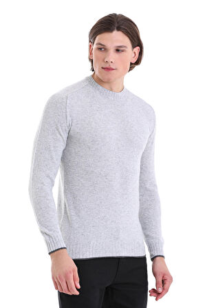 Gri Regular Fit Düz Bisiklet Yaka Yünlü Triko Kazak | M