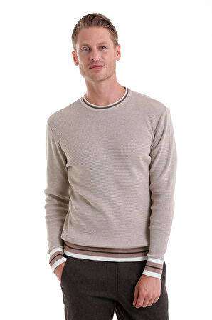 Bej Comfort Fit Düz Pamuklu Bisiklet Yaka Casual Triko Kazak