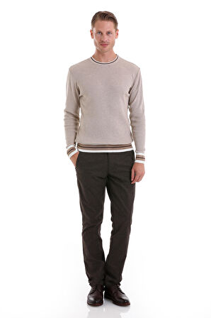 Bej Comfort Fit Düz Pamuklu Bisiklet Yaka Casual Triko Kazak