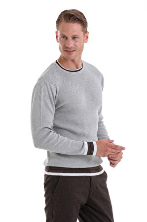 A.Gri Comfort Fit Düz Pamuklu Bisiklet Yaka Casual Triko Kazak