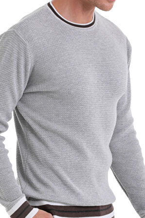 A.Gri Comfort Fit Düz Pamuklu Bisiklet Yaka Casual Triko Kazak