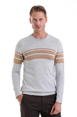 Gri Comfort Fit Düz Yünlü Bisiklet Yaka Casual Triko Kazak