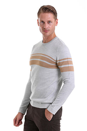 Gri Comfort Fit Düz Yünlü Bisiklet Yaka Casual Triko Kazak