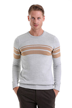 Gri Comfort Fit Düz Yünlü Bisiklet Yaka Casual Triko Kazak