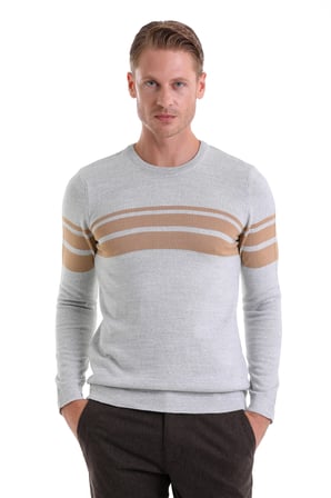 Gri Comfort Fit Düz Yünlü Bisiklet Yaka Casual Triko Kazak