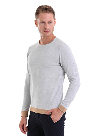 Gri Comfort Fit Düz Yünlü Bisiklet Yaka Casual Triko Kazak