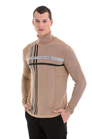 Bej Comfort Fit Desenli Balıkçı Yaka Yünlü Triko Kazak | M