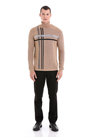 Bej Comfort Fit Desenli Balıkçı Yaka Yünlü Triko Kazak | M