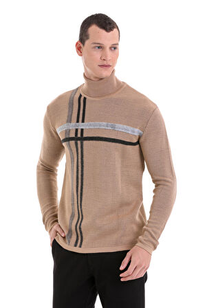 Bej Comfort Fit Desenli Balıkçı Yaka Yünlü Triko Kazak | M
