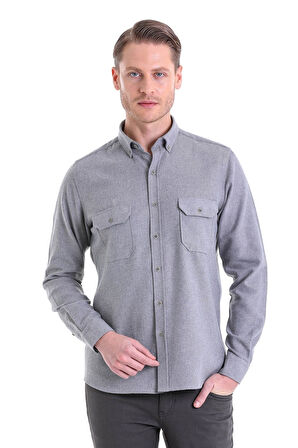 Gri Comfort Fit Düz Düğmeli Yaka Uzun Kollu Casual Flanel Gömlek | S