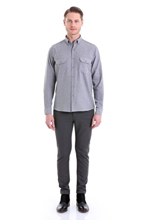 Gri Comfort Fit Düz Düğmeli Yaka Uzun Kollu Casual Flanel Gömlek | S