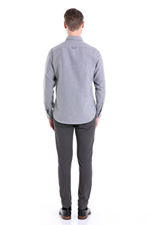 Gri Comfort Fit Düz Düğmeli Yaka Uzun Kollu Casual Flanel Gömlek | S