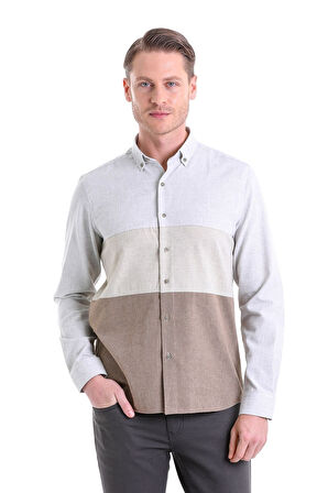 Gri Comfort Fit Düz Düğmeli Yaka Uzun Kollu Casual Flanel Gömlek | M