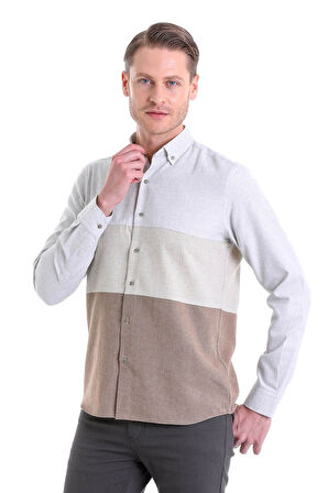 Gri Comfort Fit Düz Düğmeli Yaka Uzun Kollu Casual Flanel Gömlek | S