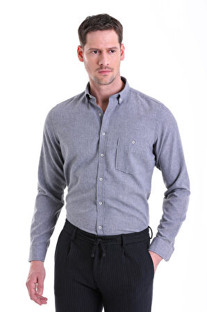 Düz Comfort Fit Pamuklu Slim Yaka Uzun Kollu Flanel Gömlek