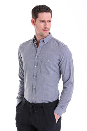 Düz Comfort Fit Pamuklu Slim Yaka Uzun Kollu Flanel Gömlek
