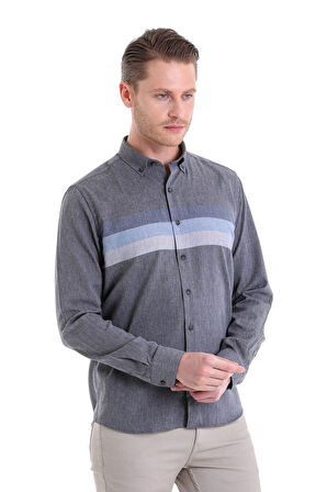 Lacivert Comfort Fit Düz Düğmeli Yaka Uzun Kollu Casual Flanel Gömlek | L