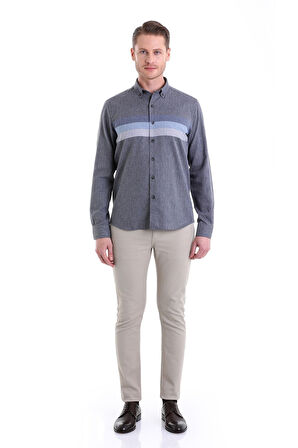 Lacivert Comfort Fit Düz Düğmeli Yaka Uzun Kollu Casual Flanel Gömlek | L