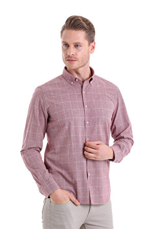 Bordo Comfort Fit Desenli Düğmeli Yaka Uzun Kollu Casual Flanel Gömlek | M