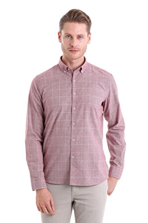 Bordo Comfort Fit Desenli Düğmeli Yaka Uzun Kollu Casual Flanel Gömlek | M