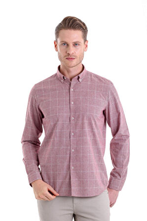 Bordo Comfort Fit Desenli Düğmeli Yaka Uzun Kollu Casual Flanel Gömlek | M