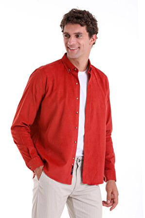 Kiremit Comfort Fit Düz 100% Pamuk Slim Yaka Uzun Kollu Kadife Gömlek