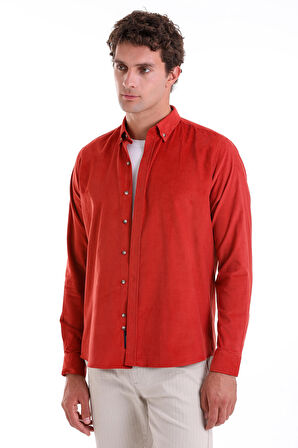 Kiremit Comfort Fit Düz 100% Pamuk Slim Yaka Uzun Kollu Kadife Gömlek
