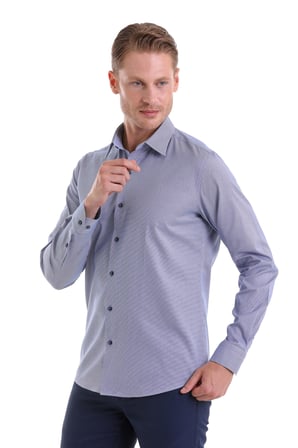 LACİVERT D Slim Fit Desenli 100% Pamuk Slim Yaka Uzun Kollu Spor Gömlek