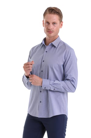 LACİVERT D Slim Fit Desenli 100% Pamuk Slim Yaka Uzun Kollu Spor Gömlek