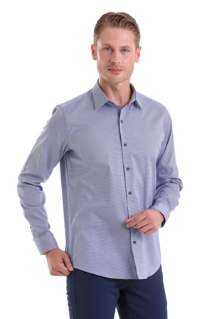 LACİVERT D Slim Fit Desenli 100% Pamuk Slim Yaka Uzun Kollu Spor Gömlek