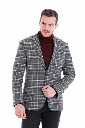 Gri K. Comfort Fit Kareli Mono Yaka Klasik Ceket