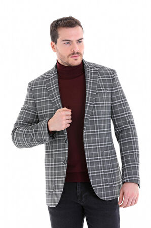 Gri K. Comfort Fit Kareli Mono Yaka Klasik Ceket