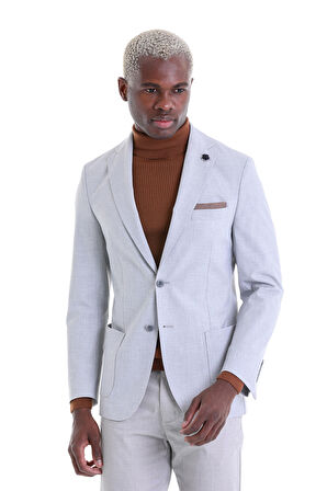Gri Slim Fit Desenli Mono Yaka Çift Düğme Ceket | 52