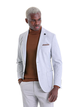 Gri Slim Fit Desenli Mono Yaka Çift Düğme Ceket | 52