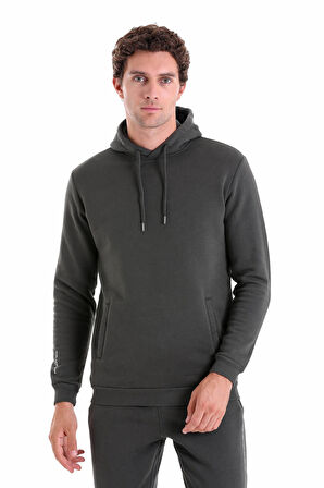 Haki Regular Fit Düz Kanguru Cep Kapüşonlu Sweatshirt