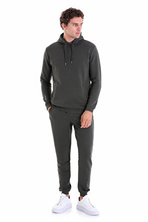 Haki Regular Fit Düz Kanguru Cep Kapüşonlu Sweatshirt