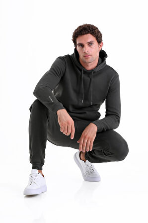 Haki Regular Fit Düz Kanguru Cep Kapüşonlu Sweatshirt