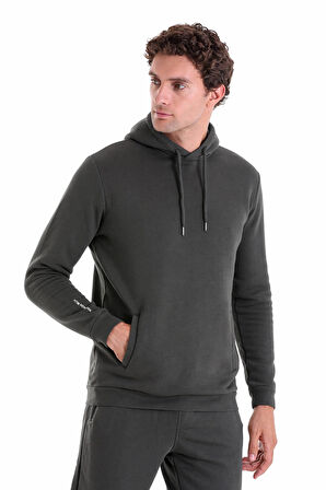 Haki Regular Fit Düz Kanguru Cep Kapüşonlu Sweatshirt