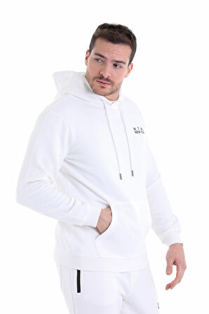 Ekru Regular Fit Düz Kapüşonlu Pamuklu Kanguru Cep Sweatshirt