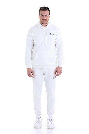 Ekru Regular Fit Düz Kapüşonlu Pamuklu Kanguru Cep Sweatshirt