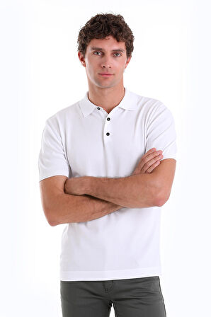 Beyaz Comfort Fit Düz Polo Yaka Rayon Tişört