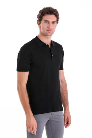 Siyah Slim Fit Düz Rayon Polo Yaka Triko Tişört