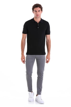 Siyah Slim Fit Düz Rayon Polo Yaka Triko Tişört