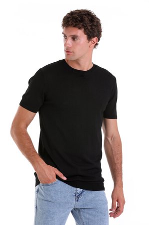 Siyah Slim Fit Düz Bisiklet Yaka Rayon Tişört