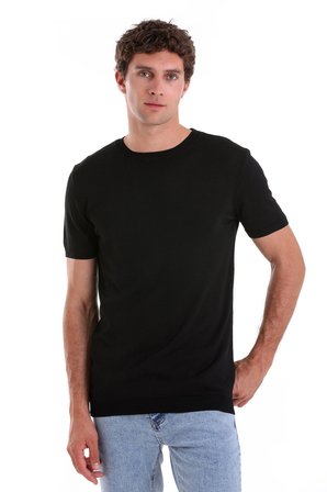 Siyah Slim Fit Düz Bisiklet Yaka Rayon Tişört