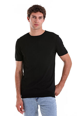 Siyah Slim Fit Düz Bisiklet Yaka Rayon Tişört