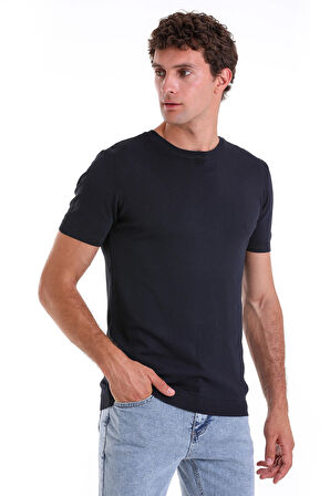 Lacivert Slim Fit Düz Bisiklet Yaka Rayon Tişört
